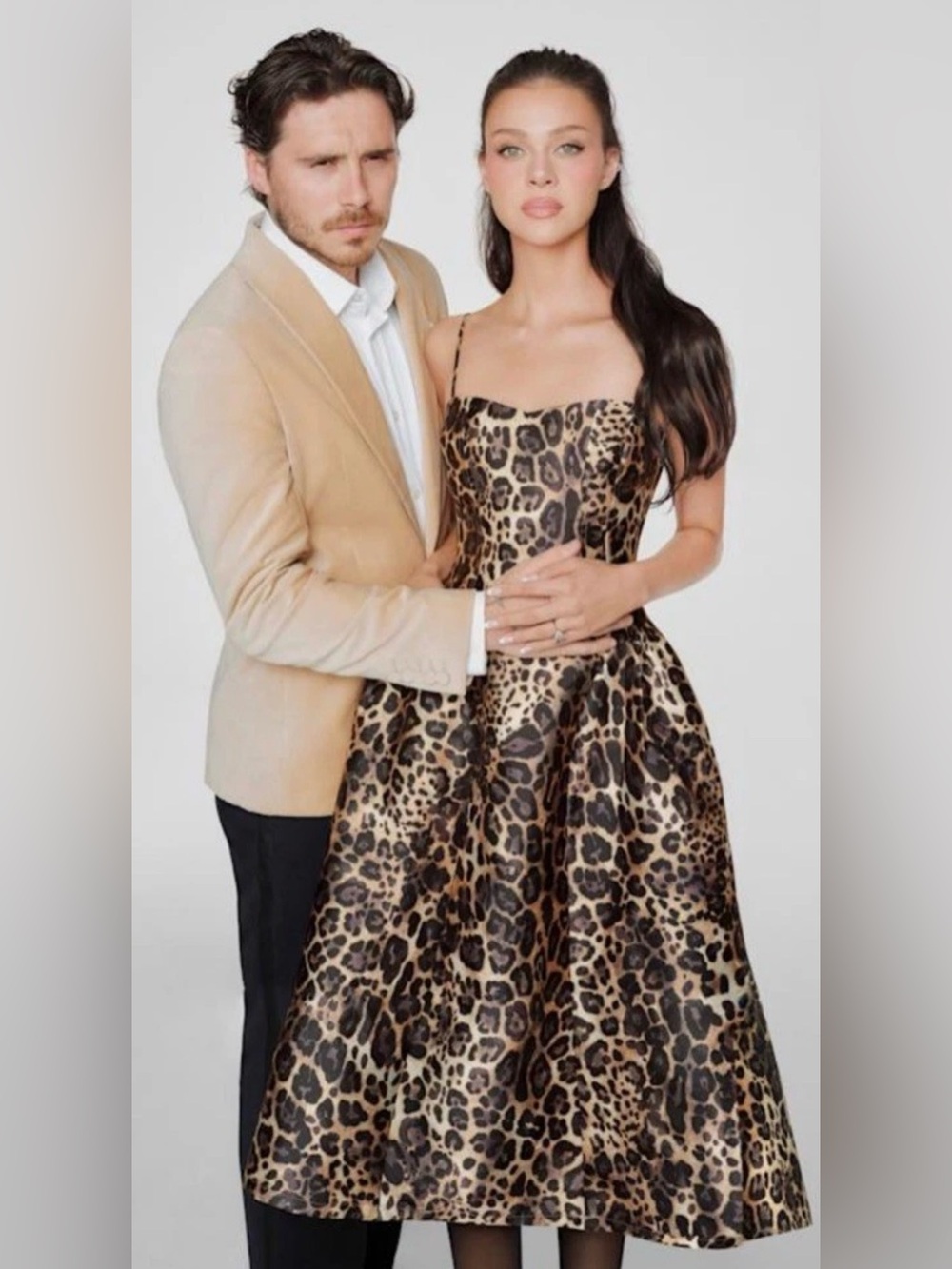 EXPRESS Satin Leopard Sweetheart Sleeveless Midi Dress worn by Nicola Peltz